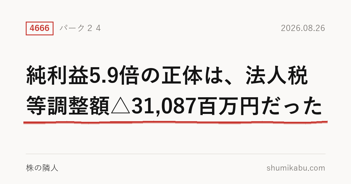 パーク２４（4666）中間決算分析――純利益5.9倍の正体は、法人税等調整額△31,087百万円だった