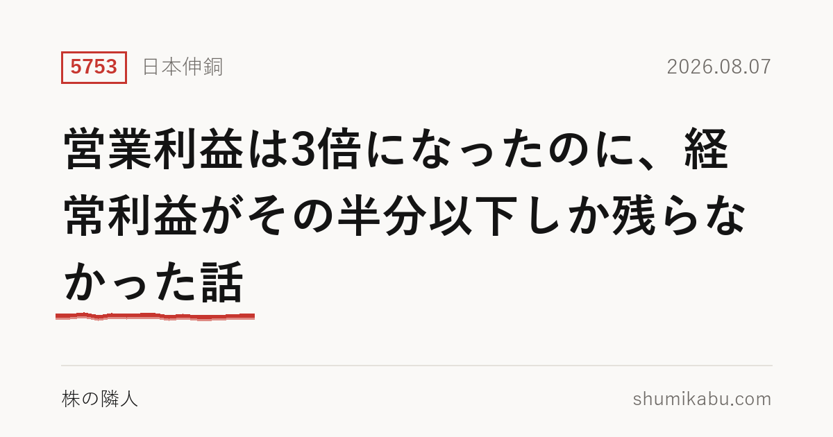 8月7日に決算を発表した日本伸銅（5753）――営業利益は3倍になったのに、経常利益がその半分以下しか残らなかった話