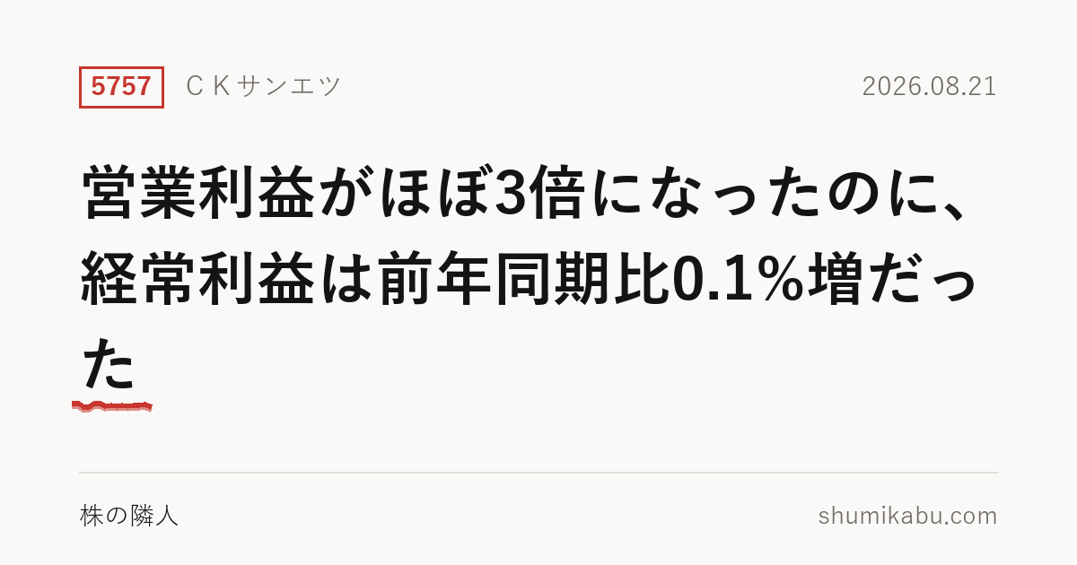 ＣＫサンエツ（5757）第1四半期決算分析――営業利益がほぼ3倍になったのに、経常利益は前年同期比0.1%増だった